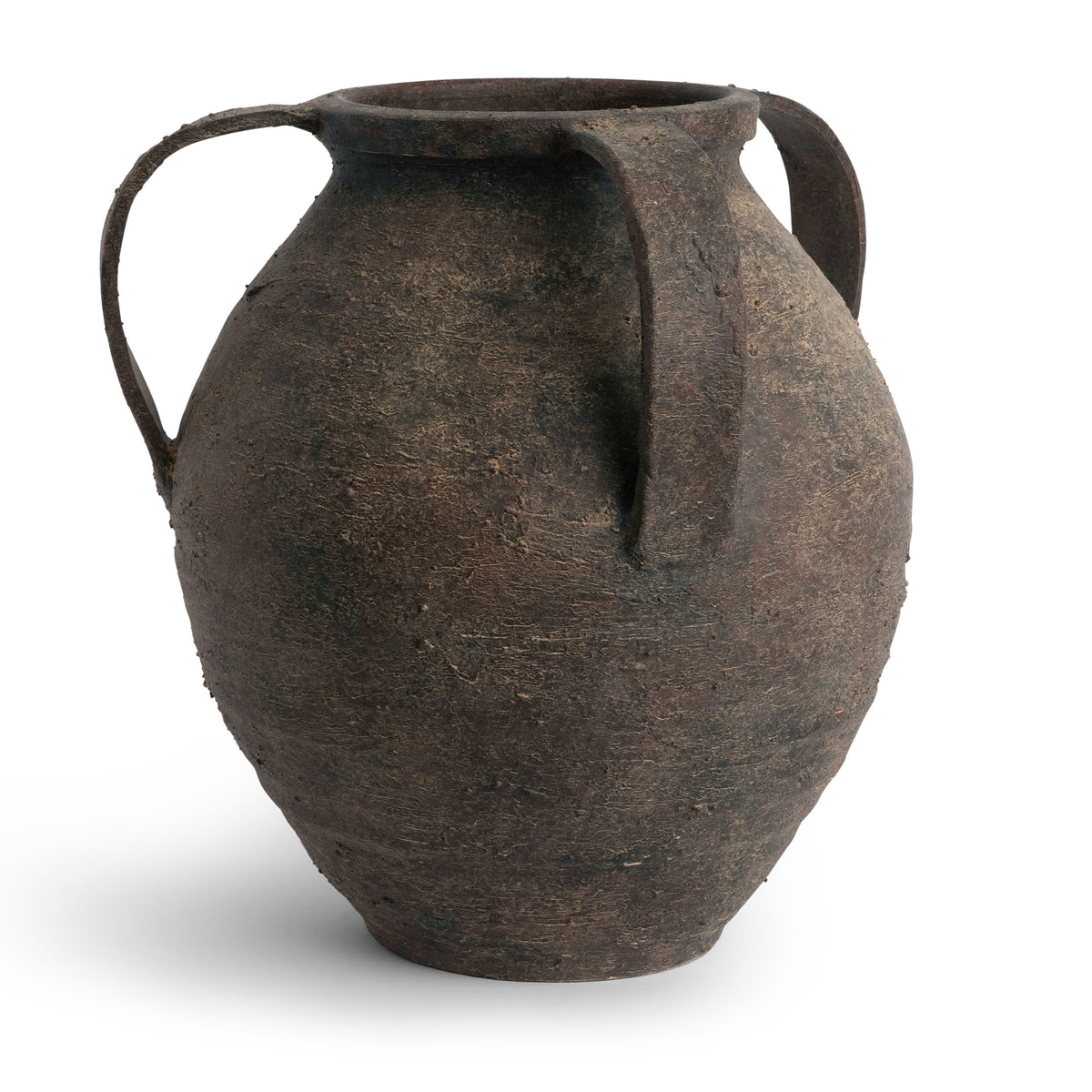 The Maureen Vase 17.5″ by FlowDecor Inc. is a large, ancient-inspired Grecian vase with two handles and a textured dark brown finish, set against a white background.