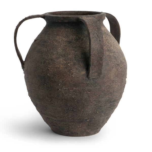 The Maureen Vase 17.5″ by FlowDecor Inc. is a large, ancient-inspired Grecian vase with two handles and a textured dark brown finish, set against a white background.