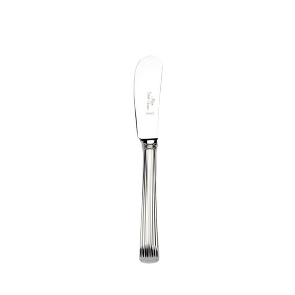 The Beatrix Butter Spreader by Alain Saint-Joanis, made in France, features a stainless steel body with a rounded tip and vertically grooved handle, shown on a plain white background.