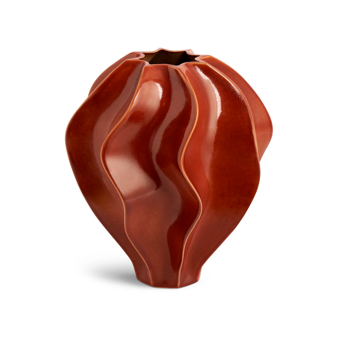 The L'Objet Douro Vase Paprika - Medium features a sculptural ceramic form with deep reddish-brown glossy glaze, undulating ridges, a small base, and a narrow, irregular opening for an organic look.