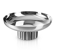 Godinger Guilded Low Pedestal Bowl Silver, a wide, shallow stainless steel bowl with a polished finish set on a short, fluted pedestal base.