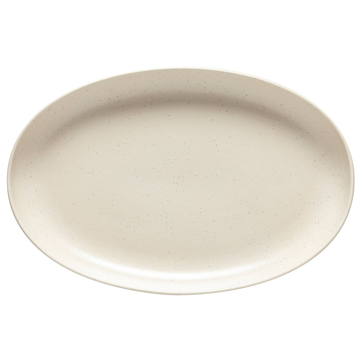 A Costa Nova Pacifica Vanilla Dinnerware empty oval ceramic plate, with a smooth surface and subtle speckles, is photographed from above against a white background.