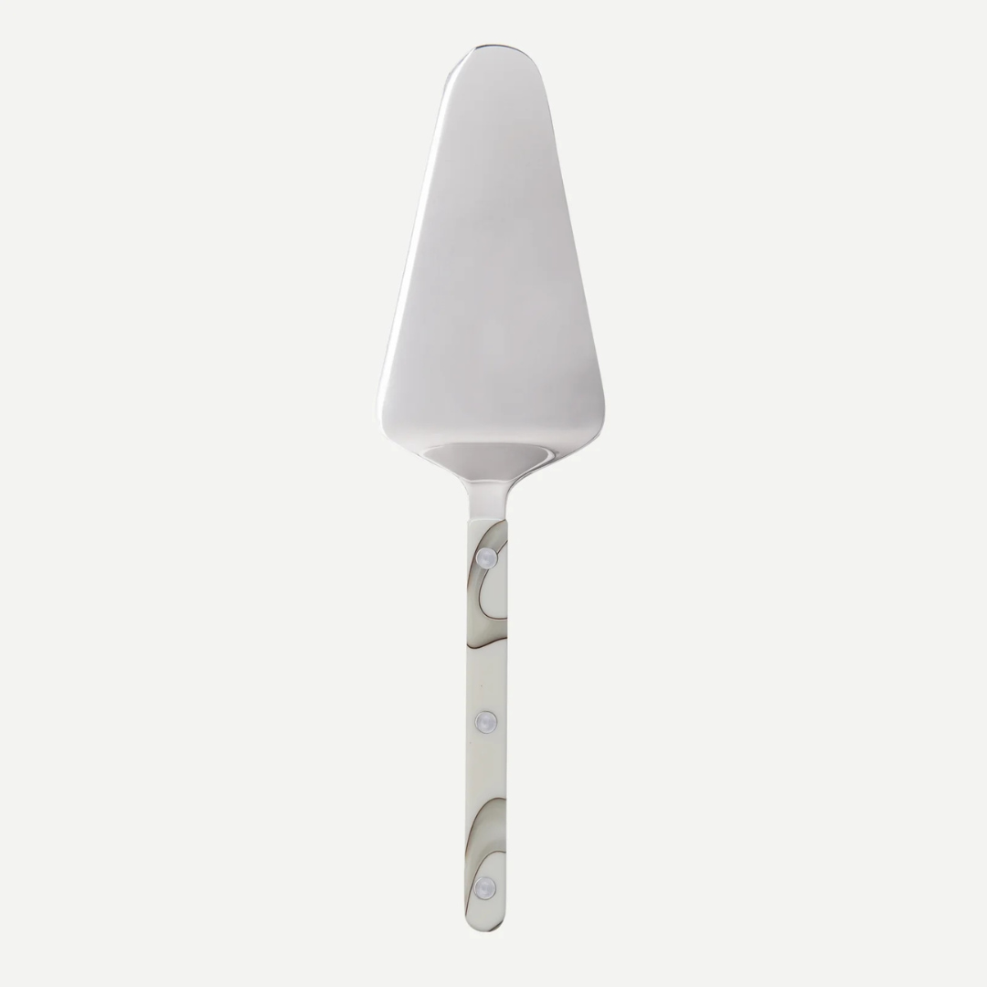 The Sabre Bistrot Dune Tart Server features a wide stainless steel blade and an acrylic handle with a marble-like pattern—perfect for slicing pies or tarts. Shown on a plain white background.
