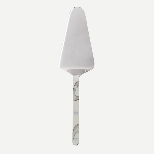 The Sabre Bistrot Dune Tart Server features a wide stainless steel blade and an acrylic handle with a marble-like pattern—perfect for slicing pies or tarts. Shown on a plain white background.