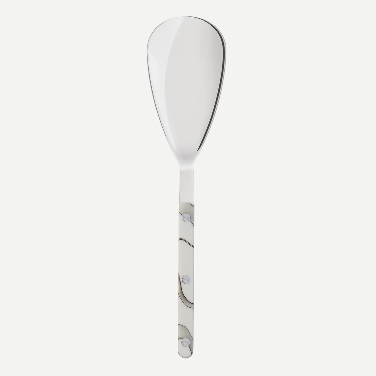 The Sabre Bistrot Dune Rice Spoon features a silver finish and a white marbled handle, is part of the Bistrot collection, and is dishwasher safe for easy cleaning.
