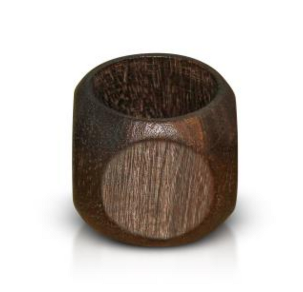 The Black Wood Gem Napkin Ring Set of 4 by India Handicrafts features thick, dark brown hand-turned napkin rings with wide bands and visible wood grain texture, shown upright on a white background—a modern table accent ideal for enhancing your dining décor.