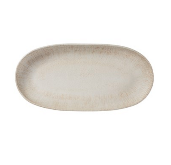 The Merritt Reactive Glaze Melamine Beige Oval Appetizer Tray features a subtle beige and light brown speckled pattern for a stoneware look, displayed on a white background.