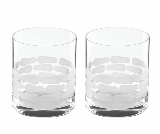 The Michael Wainwright Truro Frosted DOF Set of 2 features clear glass tumblers with an abstract frosted oval pattern, shown side by side against a white background.