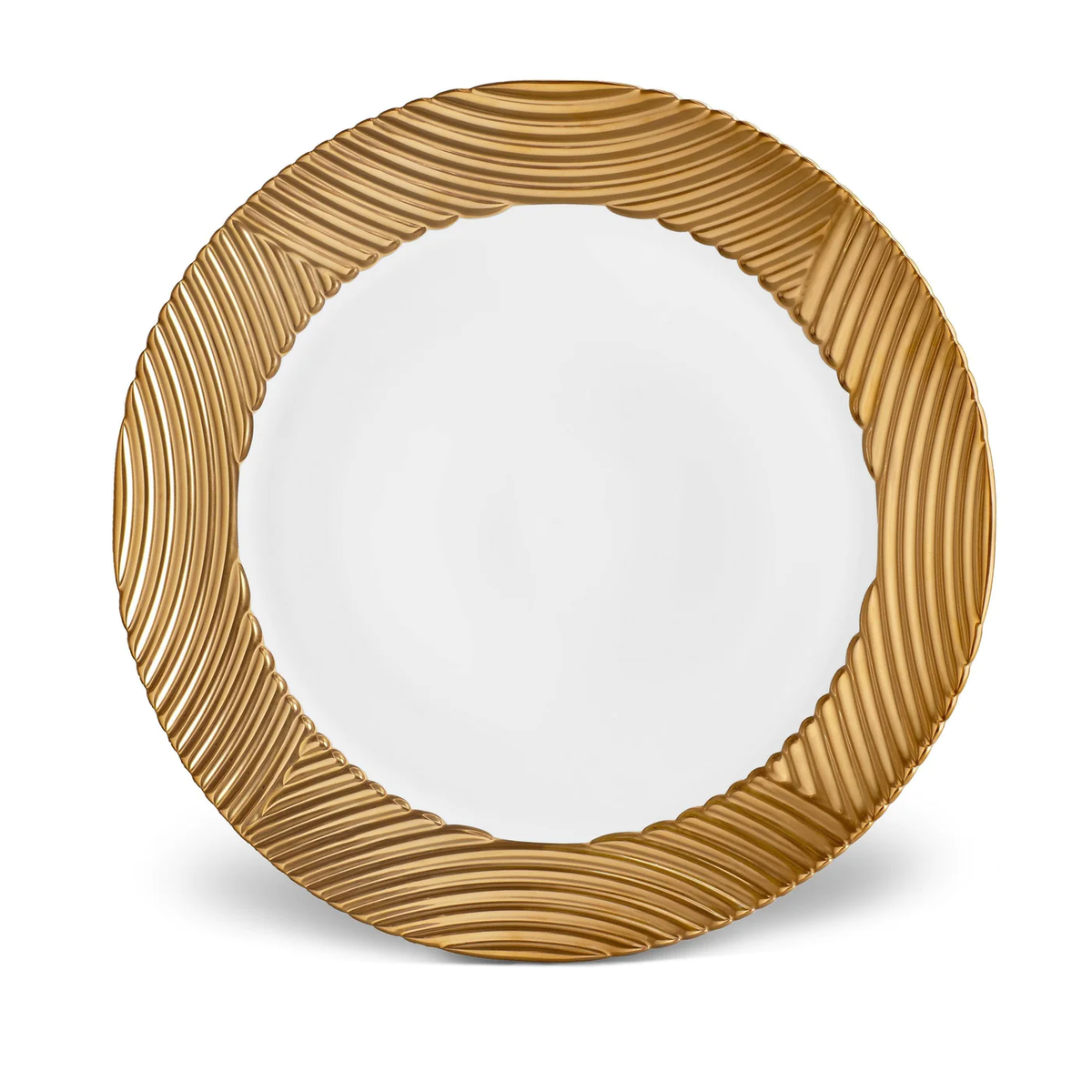 The L'Objet Corde Dinnerware Gold is a round white plate with a wavy, textured gold rim and a plain center—an elegant dinnerware piece that blends modern design with luxurious detail.