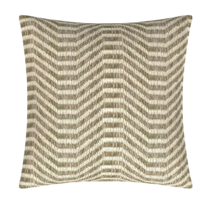 The Tamra Pillow Oyster With Piped Edge by Daniel Design Studio features a beige and cream chevron pattern with textured woven rows. Its plush, soft feel and neutral tones bring stylish comfort to any space.
