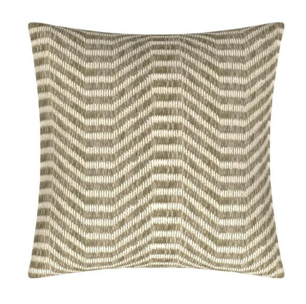 The Tamra Pillow Oyster With Piped Edge by Daniel Design Studio features a beige and cream chevron pattern with textured woven rows. Its plush, soft feel and neutral tones bring stylish comfort to any space.