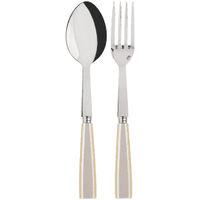 A Sabre Icone Serving Set, including a stainless steel spoon and fork with beige handles, is arranged side by side on a plain, light background.