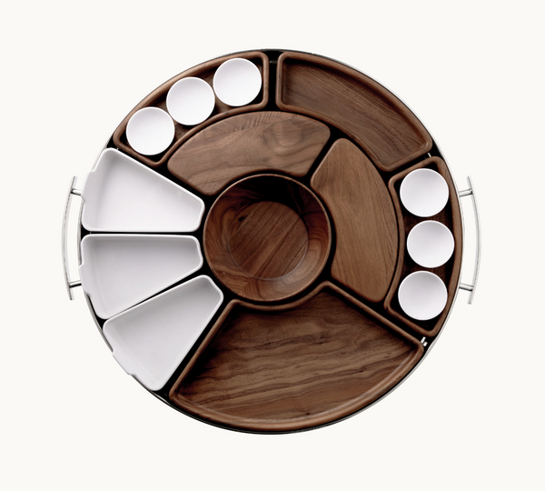 The Christofle MOOD Asia Tray - Stainless Steel features wooden and white ceramic compartments, six small round bowls, large sections arranged symmetrically, and sleek metal handles on each side.