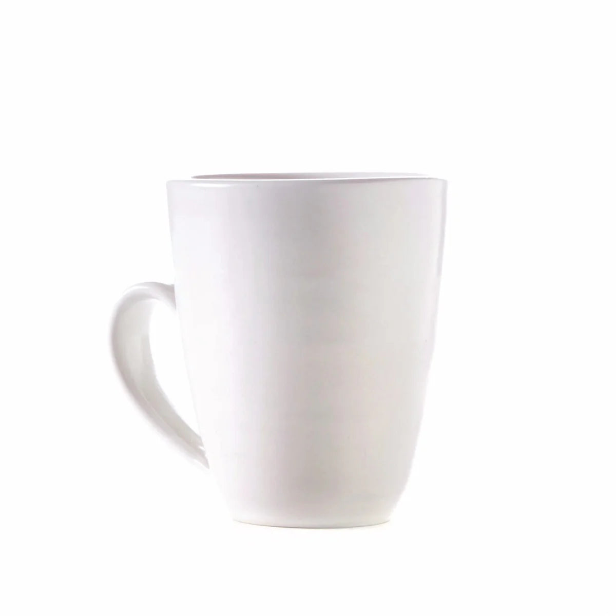 The Simon Pearce Barre Dinnerware Alabaster mug is a white ceramic mug with a handle, made in the USA and displayed against a white background.