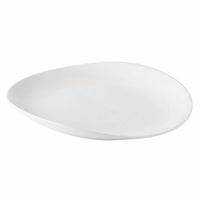 The Simon Pearce Barre Dinnerware Alabaster is a white, oval ceramic plate with a slightly curved rim, part of a modern set made in the USA, displayed on a plain white background.