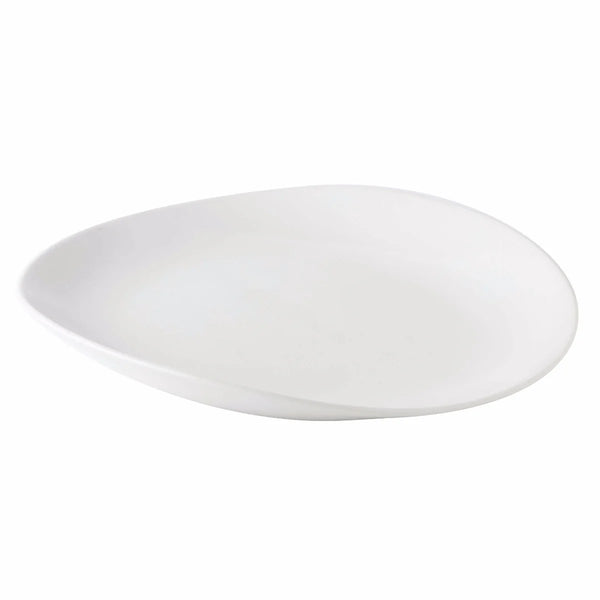 The Simon Pearce Barre Dinnerware Alabaster is a white, oval ceramic plate with a slightly curved rim, part of a modern set made in the USA, displayed on a plain white background.