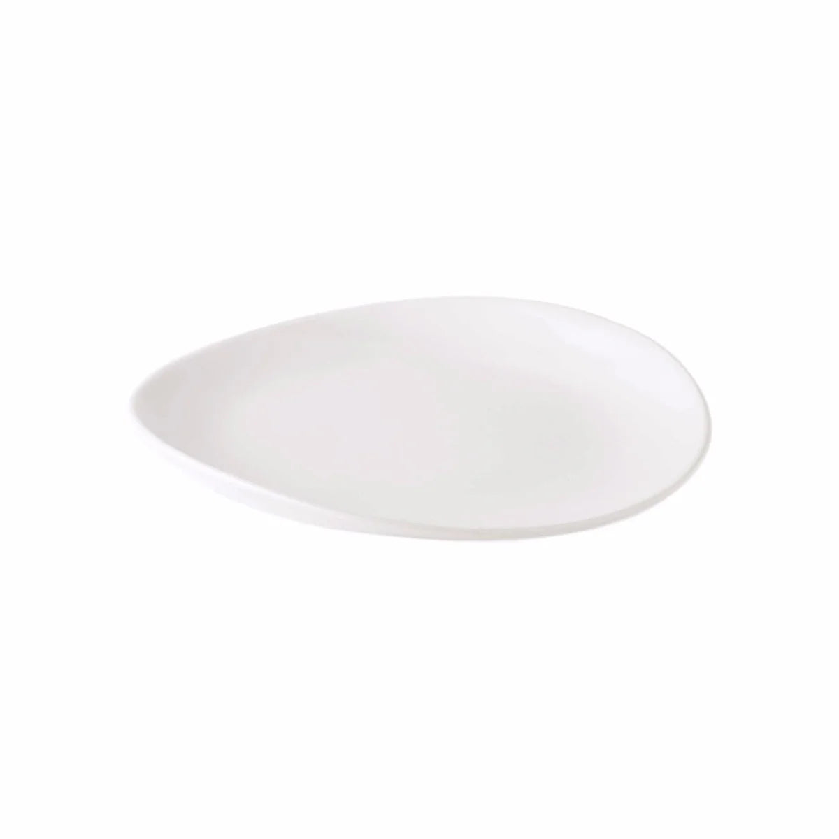 The Simon Pearce Barre Dinnerware Alabaster is a white, asymmetrical ceramic plate with a smooth curved edge, expertly crafted in the USA and shown on a plain white background as part of a modern dinnerware set.