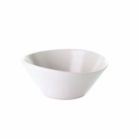 The Barre Dinnerware Alabaster bowl by Simon Pearce features a modern, slightly asymmetrical design in hand-thrown stoneware, adding artisanal flair to any dinnerware set. Shown on a white background.