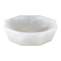 The Masonry White Marble Bowl by Currey & Company features an octagonal shape, smooth white marble surfaces, and a spacious interior—an elegant decorative centerpiece for any space.