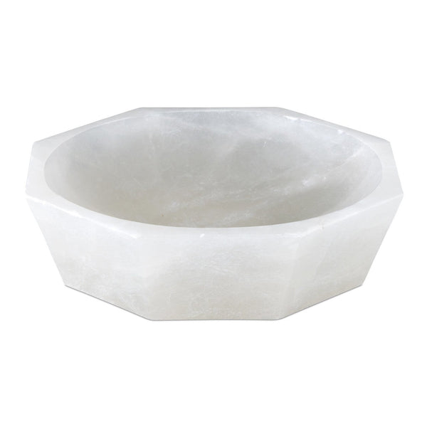 The Masonry White Marble Bowl by Currey & Company features an octagonal shape, smooth white marble surfaces, and a spacious interior—an elegant decorative centerpiece for any space.