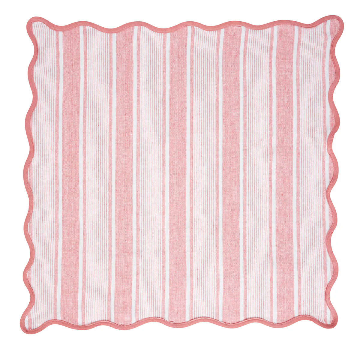 The Juliska Cabana Stripe Napkin Set of 4 in Coral features square cotton linen napkins with pink and white vertical stripes, a wavy pink border, and a scalloped trim, inspired by classic cabana linens.