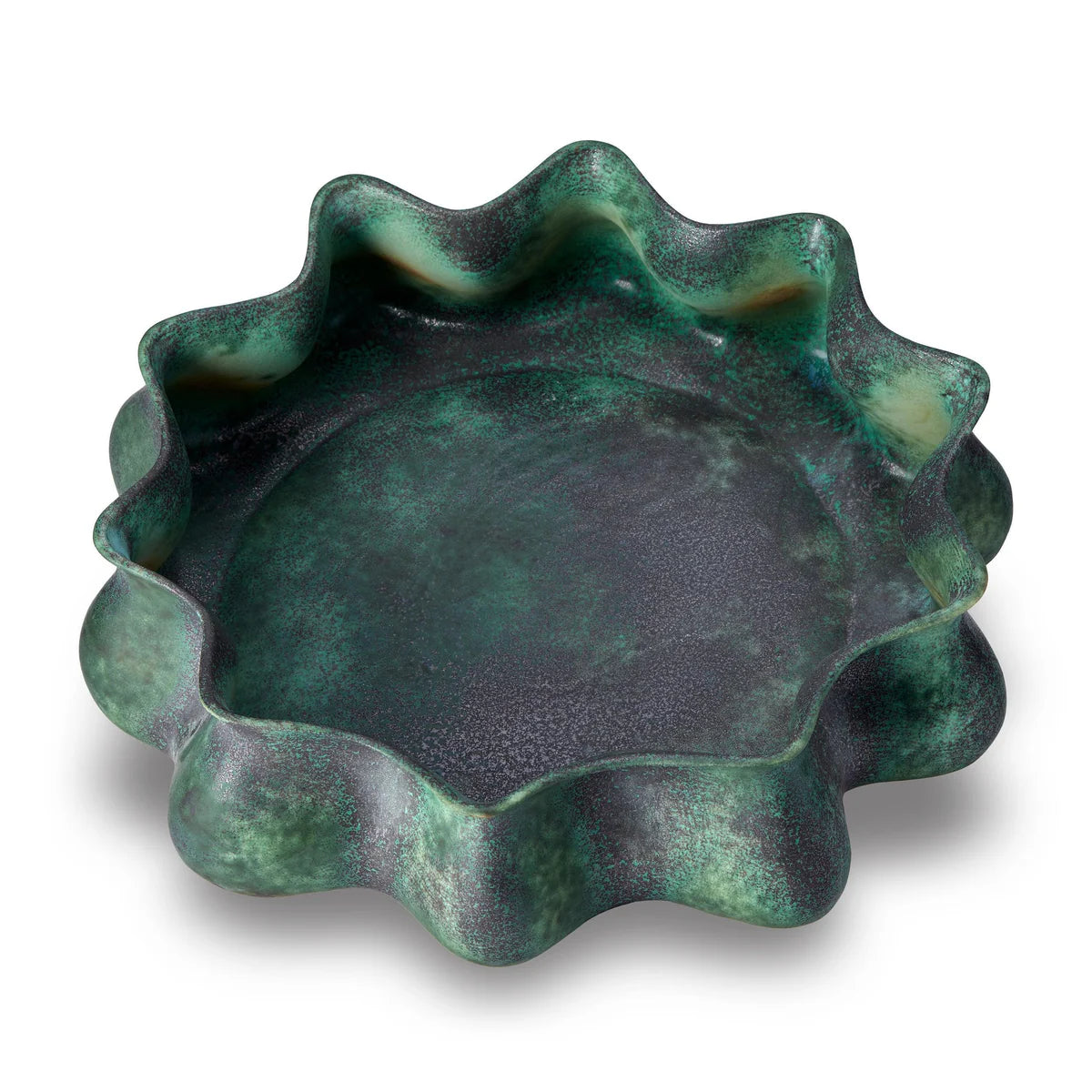 The Cenote Bowl Green Large by L'Objet is a round porcelain dish with a wavy, ruffled rim and a mottled dark green and black finish—ideal as an elegant accent piece or luxury gift.
