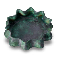 The Cenote Bowl Green Large by L'Objet is a round porcelain dish with a wavy, ruffled rim and a mottled dark green and black finish—ideal as an elegant accent piece or luxury gift.