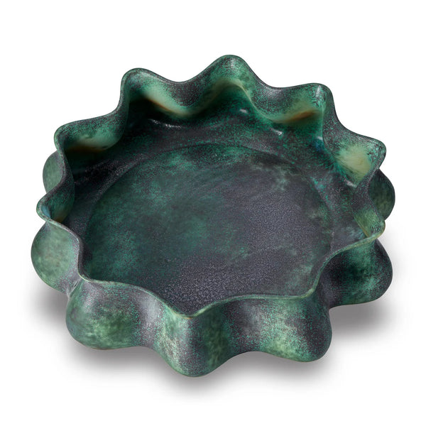 The Cenote Bowl Green Large by L'Objet is a round porcelain dish with a wavy, ruffled rim and a mottled dark green and black finish—ideal as an elegant accent piece or luxury gift.