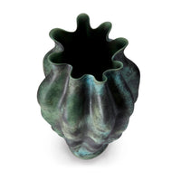 Top view of the Cenote Vase Green XLarge by L'Objet, crafted from fine porcelain with wavy edges and marbled sea-green and black glazes, evoking a blooming flower or sea anemone, set against a white background.