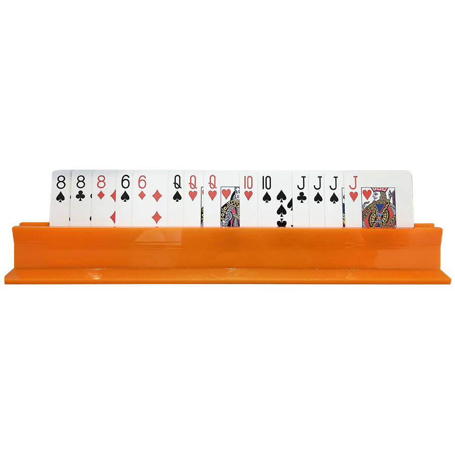 The Canasta Sets Canasta Rack neatly displays cards like 8♣, 8♦, 6♦, Q♦, Q♥, Q♠, 10♣, 10♠, J♣, J♠, and K♥—perfect for organizing your Canasta sets and accessories.