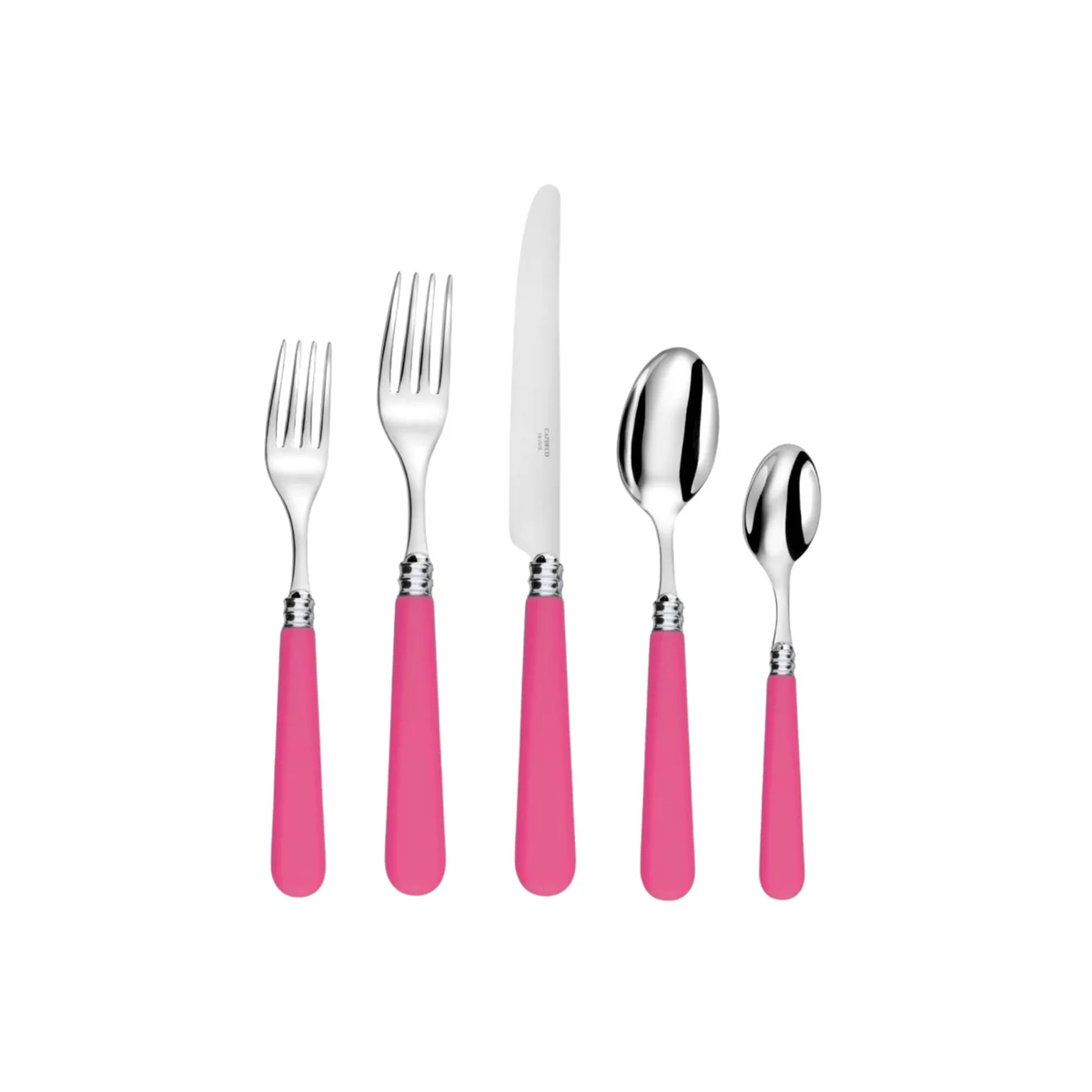 The Capdeco Altea Flatware 5 PPS set features shiny metal tops and vibrant pink handles, including a dinner fork, salad fork, knife, soup spoon, and teaspoon stylishly displayed on a white surface.