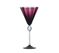 The Kim Seybert Daphne Drinkware Set of 4 - Amethyst features tall, elegant, mouth-blown wine glasses with deep purple faceted bowls, clear stems with decorative knots, and round bases set against a plain white background.