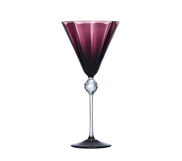 The Kim Seybert Daphne Drinkware Set of 4 - Amethyst features tall, elegant, mouth-blown wine glasses with deep purple faceted bowls, clear stems with decorative knots, and round bases set against a plain white background.