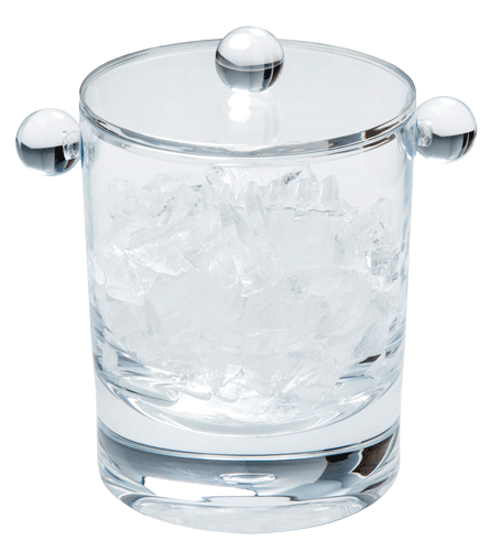 The Caspari Acrylic Ice Bucket - Clear features a shatter-resistant design, lid, and rounded side handles. Filled with small ice cubes, it stands out against a white background—an elegant upgrade to your barware collection.