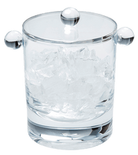 The Caspari Acrylic Ice Bucket - Clear features a shatter-resistant design, lid, and rounded side handles. Filled with small ice cubes, it stands out against a white background—an elegant upgrade to your barware collection.