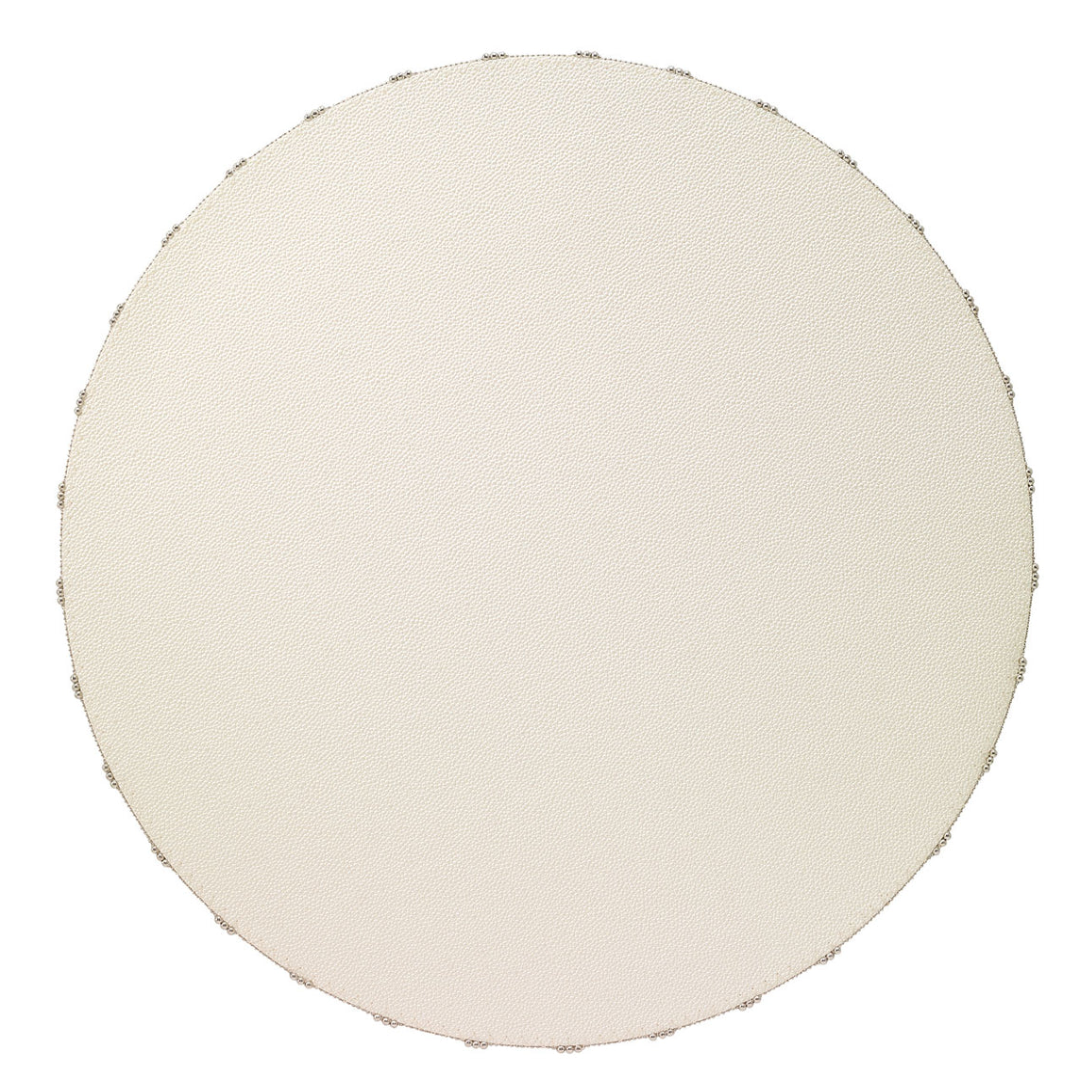 The Bodrum Charm Placemat Oyster Set of 4 features large, round, off-white placemats with a subtle texture and beaded edges—ideal for an elegant table setting. Shown on a plain white background.