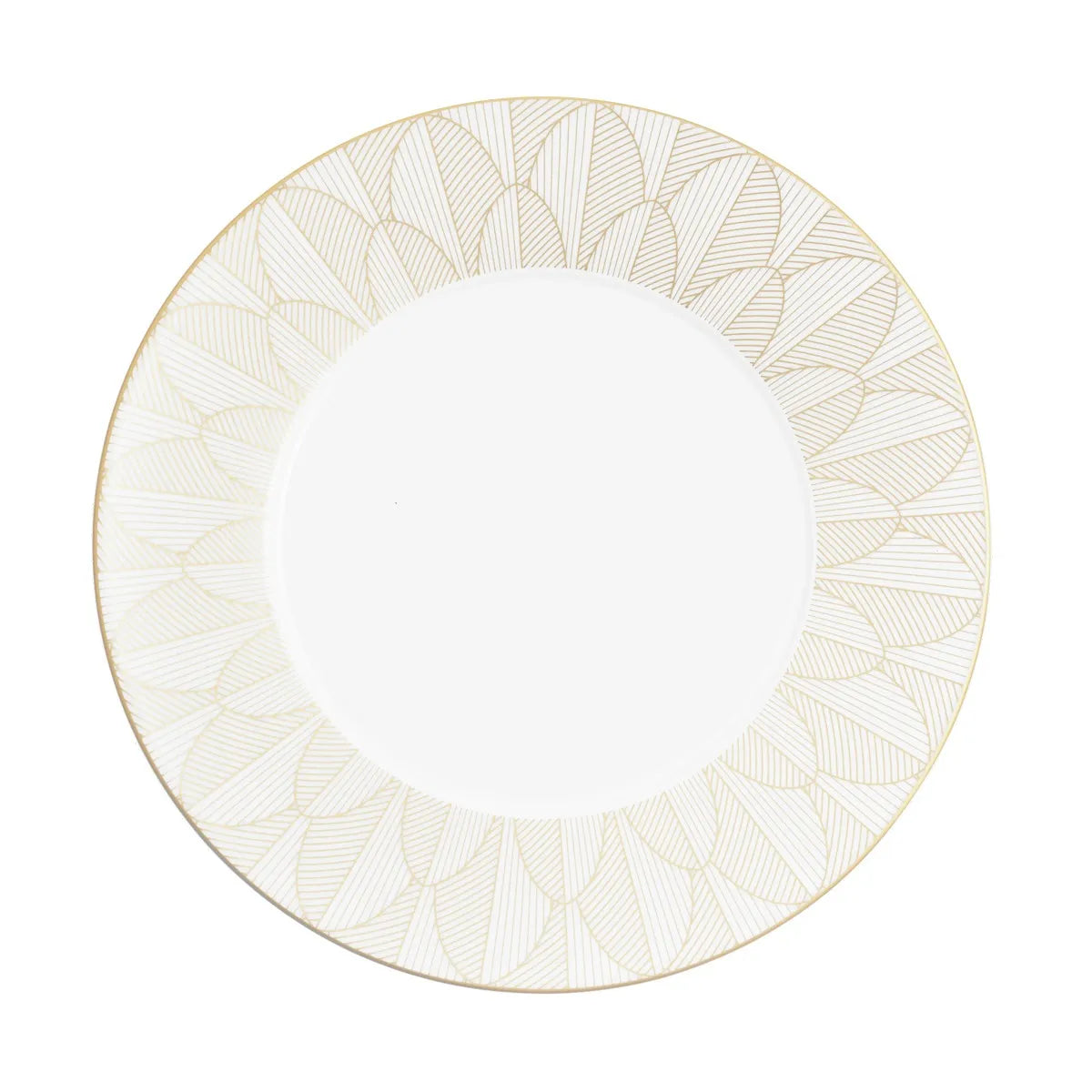 White Christofle Malmaison Imperiale Porcelain Dinnerware Gold dinner plate featuring a gold-lined rim and a patterned border of gold leaf-like sketches.