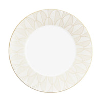 White Christofle Malmaison Imperiale Porcelain Dinnerware Gold dinner plate featuring a gold-lined rim and a patterned border of gold leaf-like sketches.
