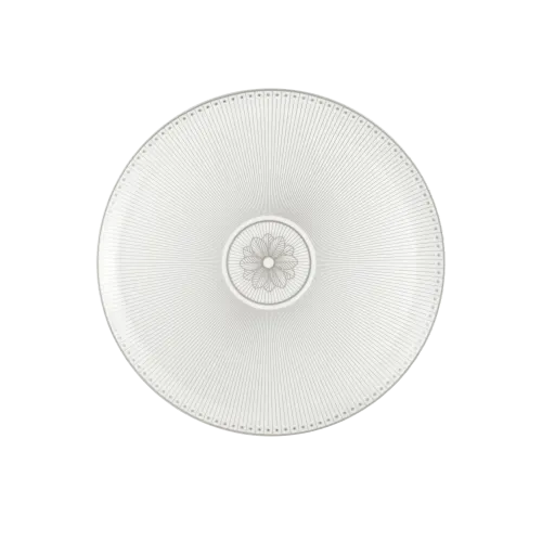 A clear, round Christofle Malmaison Imperiale Porcelain Dinnerware Platinum dinner plate features a radiating textured line pattern and central floral design, viewed from above on a plain white background.