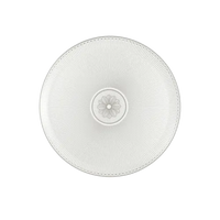 A clear, round Christofle Malmaison Imperiale Porcelain Dinnerware Platinum dinner plate features a radiating textured line pattern and central floral design, viewed from above on a plain white background.