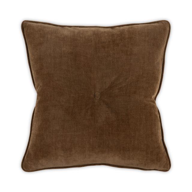 The Buttoned Bobbie Pillow - Macchiato 22 x 22 by Moss Studio is a square velvet pillow in a rich brown hue, featuring a single centered button tuft, subtly curved edges, and a plush down-feather blend fill, shown against a white background.
