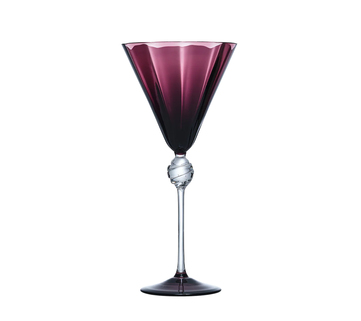 The Kim Seybert Daphne Drinkware Set of 4 - Amethyst features tall, elegant wine glasses with deep amethyst bowls, clear textured stems, round decorative details, and are crafted from mouth-blown glass.