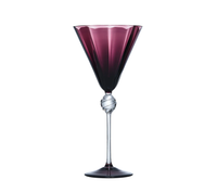 The Kim Seybert Daphne Drinkware Set of 4 - Amethyst features tall, elegant wine glasses with deep amethyst bowls, clear textured stems, round decorative details, and are crafted from mouth-blown glass.