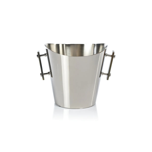 The Zodax Belmont Wine Cooler / Ice Bucket - Small, crafted in polished stainless steel with two metal side handles, offers an elegant way to chill wine or serve ice, shown here against a white background.