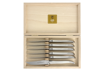 Set of six Claude Dozorme Inox Brillant Steak Knives| Shiny Stainless, Set of 6 stainless steel steak knives arranged in a wooden storage box.
