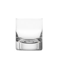 A clear, empty Moser Whiskey Set DOF Glass 370 ml with a thick solid base, made from lead-free crystal, is shown against a plain white background.