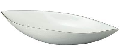A white, oval-shaped shallow bowl with pointed ends, crafted in the elegant Limoges style, from the Mineral Irise Dinnerware Platinum collection by Raynaud, displayed on a plain white background.