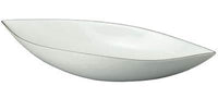 A white, oval-shaped shallow bowl with pointed ends, crafted in the elegant Limoges style, from the Mineral Irise Dinnerware Platinum collection by Raynaud, displayed on a plain white background.