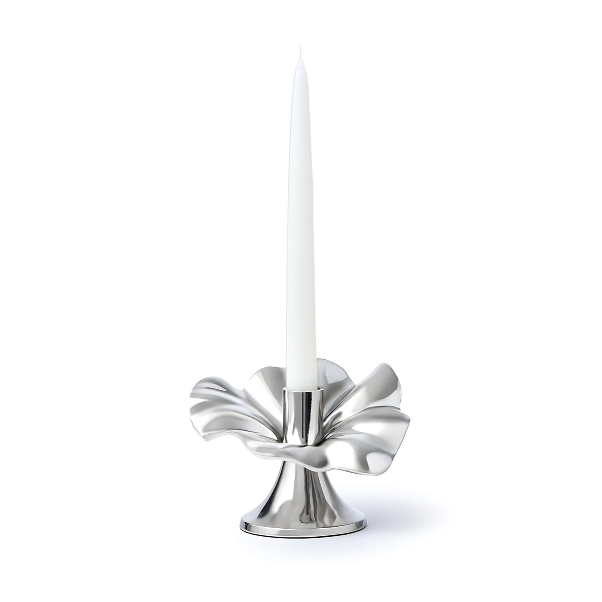 The Flower Candle Holder Silver - Small by Godinger features an abstract flower design with petal-shaped curves and holds a slender white taper candle upright, making it a striking centerpiece for any table.