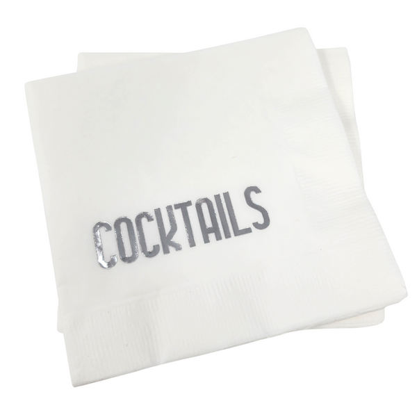 The Print Appeal Cocktail Napkin Pack - Cocktails White & Silver features disposable white napkins with "COCKTAILS" in bold silver print—perfect for your next party.